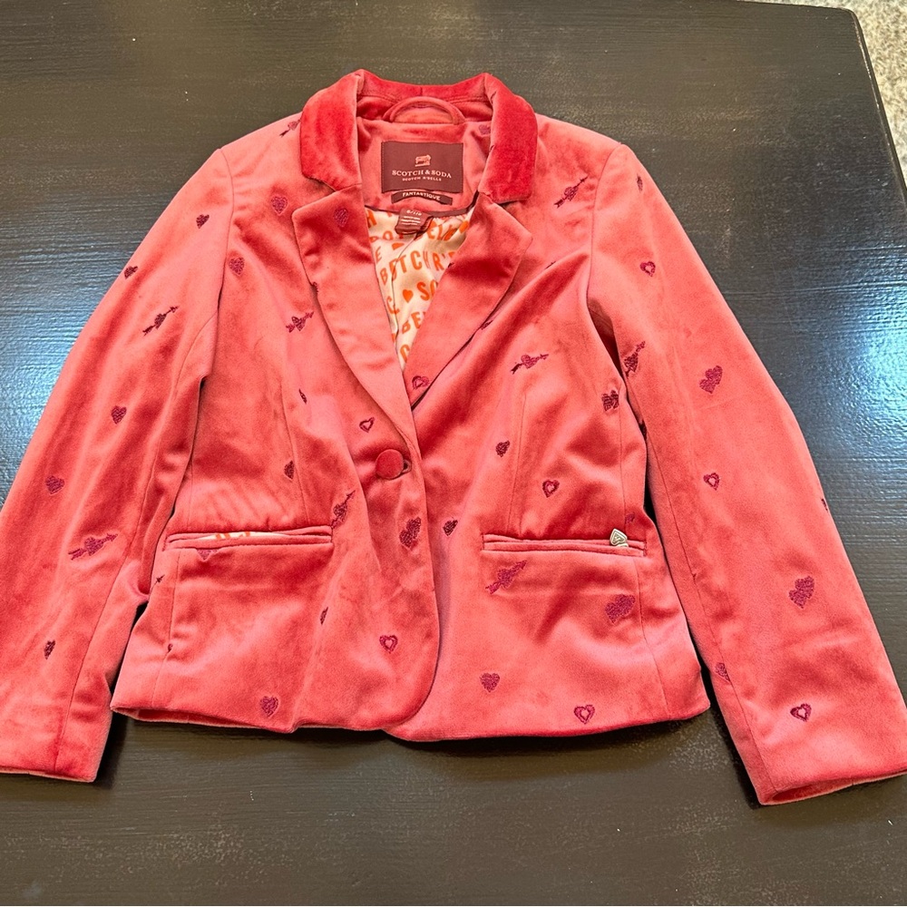 Scotch & Soda Red Velvet Blazer with Heart Patterns